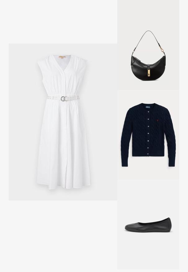 Marineblauwe gebreide cardigan met een kabelpatroon, geribbelde manchetten en zoom, zes knopen en een klein rood logo op de linkerborst.; Witte mouwloze jurk met een v-hals, een gekruist taille en een decoratieve riem met zilveren studs en een ronde gesp. Gladde katoen stof.; Zwarte leren ballerina met een ronde neus, gladde textuur, minimale stikdetails en een flexibele zoolontwerp.; Zwarte leren handtas in een halve maanvorm. Voorzien van een gouden hardware accent en een smalle schouderband. Soepele textuur, ritssluiting aan de bovenkant.