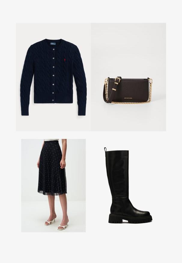 Marineblauwe gebreide cardigan met een kabelpatroon, geribbelde manchetten en zoom, zes knopen en een klein rood logo op de linkerborst.; Witte overhemd met lange mouwen, gestructureerde kraag en afgeronde zoom. Gemaakt van een gladde, effen stof zonder zichtbare patronen of accenten.; Zwarte geplooide midi-jurk met geborduurd sterpatroon, elastische tailleband en doorschijnende overlay, gecombineerd met witte open teenhakken.; Zwarte leren laarzen tot de knie met een strak ontwerp, ronde neus en stevige rubberen zool met diepe groeven en een trekband aan de bovenkant.; MICHAEL Michael Kors BRYANT SM XBODY POUCHETTE - Schoudertas - chocolate