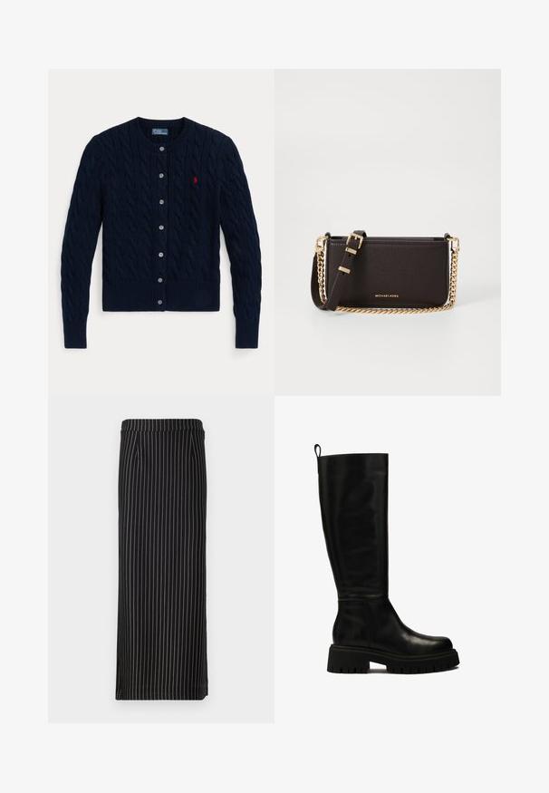 Cardigan lavorato a maglia blu navy con motivo a trecce, polsini e orlo a costine, sei bottoni e un piccolo logo rosso sul petto sinistro.; Camicia bianca con bottoni, maniche lunghe, colletto strutturato e orlo arrotondato. Realizzata in un tessuto liscio e uniforme, senza motivi visibili o dettagli.; Gonna nera a tubino con righe verticali bianche e di colori chiari, dotata di una vita e due tasche laterali. Tessuto con texture liscia.; Stivali in pelle neri al ginocchio con un design elegante, punta rotonda e suola in gomma spessa con profonde scanalature e una linguetta nella parte superiore.; MICHAEL Michael Kors BRYANT SM XBODY POUCHETTE - Borsa a tracolla - chocolate