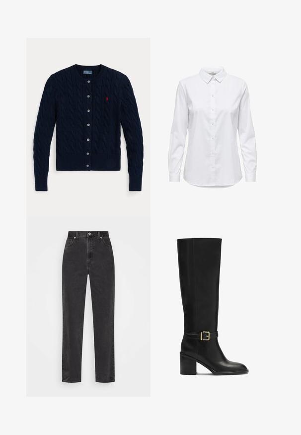 Marinblå stickad kofta med kabelmönster, ribbade ärmslut och fåll, sex knappar och en liten röd logotyp på vänster bröst.; Vit skjorta med långa ärmar, strukturerad krage och rundad nederkant. Tillverkad av ett mjukt, enhetligt tyg utan synliga mönster eller detaljer.; Svarta jeans med rak benstil och hög midja, framknapp och dragkedja, samt fem fickor mot en vit bakgrund.; Svarta knähöga stövlar i slätt läder, med klack av blocktyp, guldspänne och en elegant silhuett.