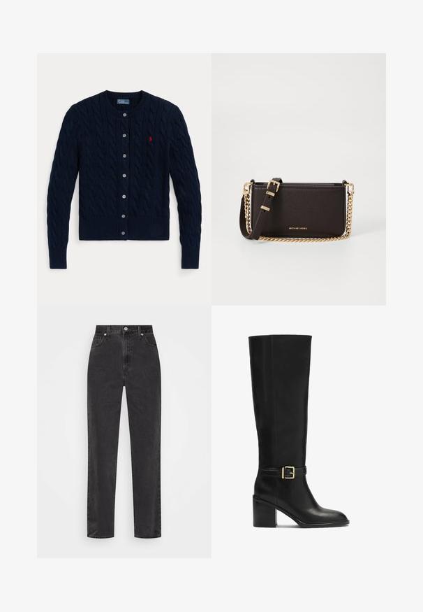 Tumesinist värvi kootud kardigan, millel on palmikmustriga soonilised varrukasääred ja alumine äär, kuus nööpi ning väike punane logo vasakul rinnal.; Valge nööbiga särk pika varrukaga, struktureeritud krae ja ümar hem. Valmistatud sujuvast, ühtlasest kangast, ilma nähtavate mustrite või aktsentideta.; Sirged mustad teksapüksid kõrge vöökohaga, esi-nupp ja tõmblukk, viie taskuga stiil valgel taustal.; Musta kuni kõrge saabas, mis on valmistatud siledast nahast, esitleb plokknõela, kuldset nööbi aksessuaari ja sujuvat siluetti.; MICHAEL Michael Kors BRYANT SM XBODY POUCHETTE - Ülerinna-kott - chocolate