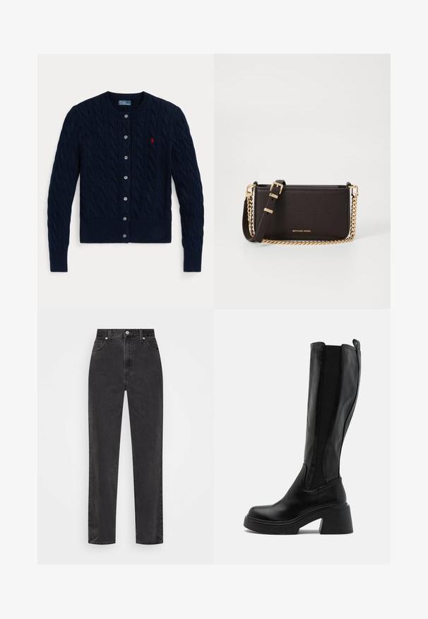 Cardigã de malha azul-marinho com padrão de tranças, punhos e bainha canelados, seis botões e um pequeno logótipo vermelho no peito esquerdo.; Camisa branca de botão com mangas longas, colarinho estruturado e bainha arredondada. Feita de um tecido liso, sólido, sem padrões ou detalhes visíveis.; Jeans de ganga preta com pernas retas, cintura alta, com botão e fecho de correr à frente, e estilo de cinco bolsos, num fundo branco.; Botas pretas até ao joelho com acabamento em couro liso, painéis laterais elásticos e um salto grosso e estratificado. Design minimalista sem padrões.; MICHAEL Michael Kors BRYANT SM XBODY POUCHETTE - Mala a tiracolo - chocolate