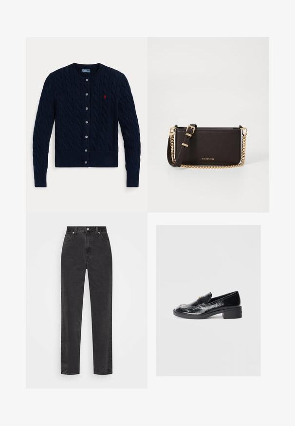 Navy blue knitted cardigan featuring a cable pattern, ribbed cuffs and hem, six buttons, and a small red logo on the left chest.; White button-up shirt with long sleeves, structured collar, and rounded hem. Made from a smooth, solid fabric with no visible patterns or accents.; Straight-leg black denim jeans with high waist, front button and zipper, and five-pocket styling on a white background.; Black patent leather loafers with a low block heel, featuring a stitched design and gold-toned decorative accents on the upper.; MICHAEL Michael Kors BRYANT SM XBODY POUCHETTE - Cross body bag - chocolate