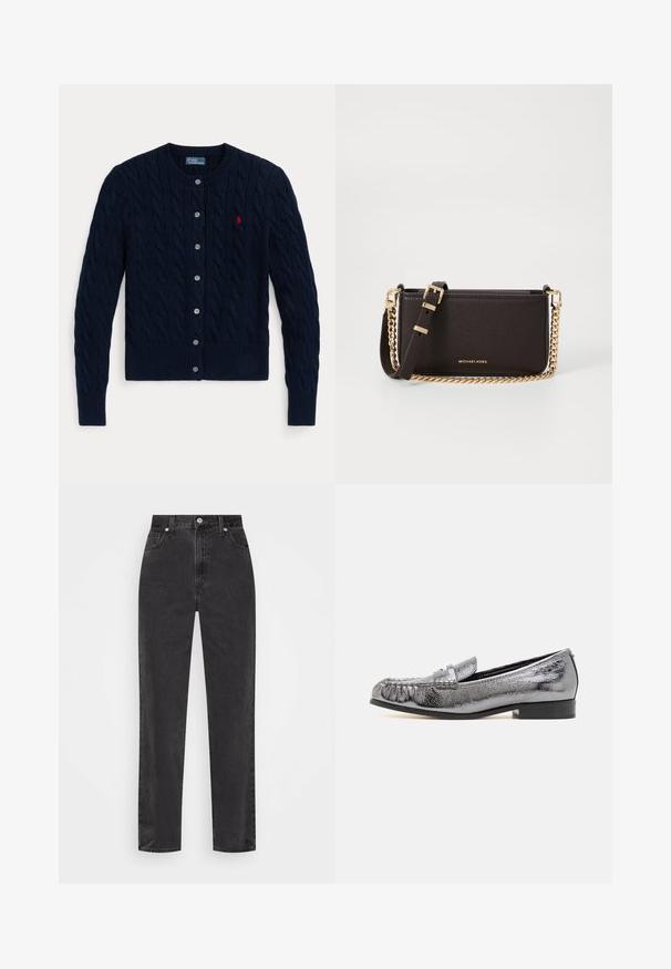 Cardigan lavorato a maglia blu navy con motivo a trecce, polsini e orlo a costine, sei bottoni e un piccolo logo rosso sul petto sinistro.; Camicia bianca con bottoni, maniche lunghe, colletto strutturato e orlo arrotondato. Realizzata in un tessuto liscio e uniforme, senza motivi visibili o dettagli.; Jeans in denim nero a gamba dritta con vita alta, bottone e cerniera frontali, e cinque tasche su uno sfondo bianco.; Mocassino in pelle metallic silver con finitura testurizzata, dotato di dettagli a frange e un tacco nero basso. Forma classica ed elegante.; MICHAEL Michael Kors BRYANT SM XBODY POUCHETTE - Borsa a tracolla - chocolate