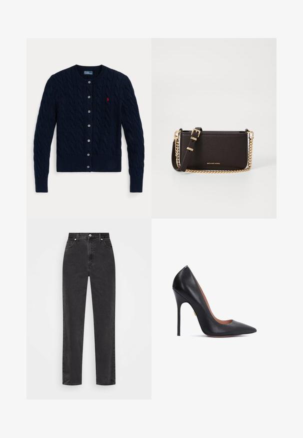Cárdigan de punto azul marino con un patrón de cables, puños y dobladillo acanalados, seis botones y un pequeño logo rojo en el pecho izquierdo.; Camisa blanca de botones con mangas largas, cuello estructurado y dobladillo redondeado. Hecha de una tela lisa y sólida sin patrones ni acentos visibles.; Vaqueros de mezclilla negra de pierna recta con cintura alta, botón y cremallera en el frente, y estilo de cinco bolsillos sobre un fondo blanco.; Zapato de tacón alto de cuero negro con puntera afilada, tacón de estilete delgado y escote curvado. Textura suave y acento dorado cerca del tacón.; MICHAEL Michael Kors BRYANT SM XBODY POUCHETTE - Bandolera - chocolate