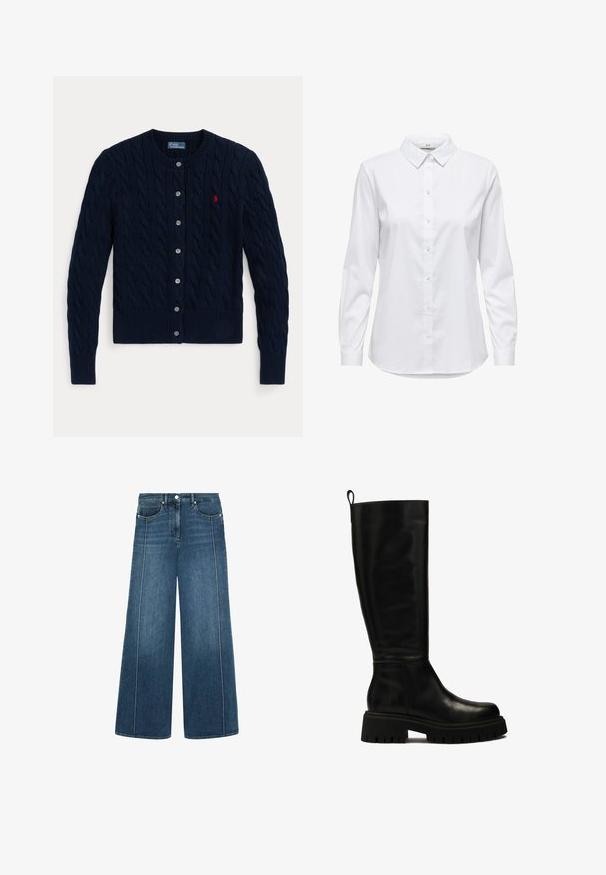 Tmavě modrý pletený svetr na zapínání s copánkovým vzorem, žebrovanými manžetami a lemem, šesti knoflíky a malým červeným logem na levé straně hrudi.; Bílé košile s knoflíky, dlouhými rukávy, strukturovaným límcem a zaobleným lemem. Vyrobeno z hladké, jednolité tkaniny bez viditelných vzorů nebo akcentů.; Široké džíny z tmavě modrého denimu s kontrastním bílým prošíváním, designem s pěti kapsami a knoflíkovým zapínáním v pase.; Černé kožené vysoké boty až ke kolenům s elegantním designem, zaoblenou špičkou a robustní gumovou podrážkou s hlubokými syzami a poutkem na horní části.