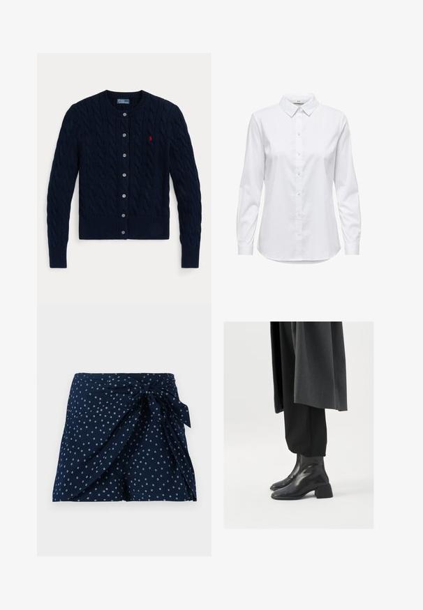 Tengerészkék kötött kardigán, amely kötött mintával, bordázott mandzsettákkal és szegéllyel, hat gombbal és egy kis piros logóval rendelkezik a bal mellrészen.; Fehér, hosszú ujjú, gombos ing, strukturált gallérral és lekerekített aljjal. Zökkenőmentes, egyszínű anyagból készült, látható minták vagy díszítések nélkül.; Sötétkék rövidnadrág, amelyeket átfogó dizájn és elöl megkötött részlet jellemez. Felszínén szétszórt fehér körs pattern található. Könnyű anyagból készült.; Fekete bőr bokacsizma négyzetes orral és vastag sarkal, laza fekete nadrággal és sötétszürke kabáttal viselve. Simára csiszolt felületi textúra.