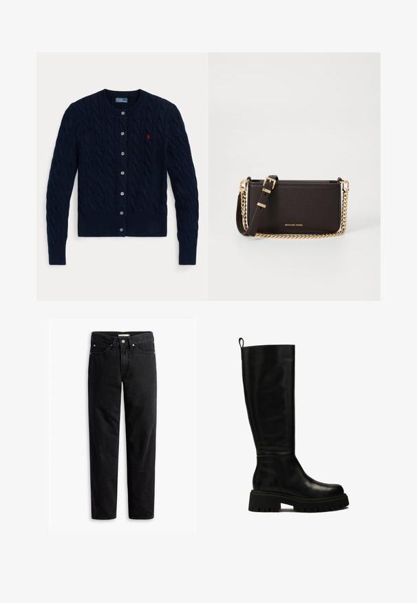 Granatowy sweter rozpinany z dzianiny z wzorem warkocza, ściągaczowymi mankietami i dolnym krawędziem, sześcioma guzikami oraz małym czerwonym logo na lewej piersi.; Biała koszula zapinana na guziki z długimi rękawami, z wyraźnym kołnierzykiem i zaokrąglonym dołem. Wykonana z gładkiego, jednolitego materiału bez widocznych wzorów ani akcentów.; Czarne dżinsy o prostym kroju z zapięciem na guzik i zamek, szlufkami na pasek oraz przednimi i tylnymi kieszeniami, wyłożone na białym tle.; Czarne skórzane botki do kolan o smukłym designie, okrągłym nosku i masywnej gumowej podeszwie z głębokimi rowkami oraz uchwytem na górze.; MICHAEL Michael Kors BRYANT brązowy