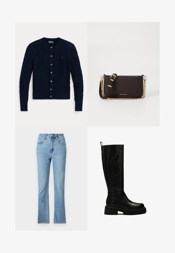 Tumši zils adīts kardigans ar pinuma rakstu, ribotām aprocēm un apakšmalu, sešām pogām un mazu sarkanu logotipu kreisajā krūtīs.; Balta krekla ar garām piedurknēm, strukturētu apkakli un noapaļotu apakšu. Izgatavots no gludas, viendabīgas auduma bez redzamām rakstu vai akcentu detaļām.; Gai zila džinsu bikses ar augstu jožu, izliektu kāju dizainu un klasisko piecu kabatu stilu. Iezīmēts ar jostu cilpām un redzamu šuvēm.; Melni ceļgalu augstie ādas zābaki ar elegantu dizainu, noapaļotu purngali, un masīvu gumijas zoli ar dziļām iedobēm un cilpu augšpusē.; MICHAEL Michael Kors BRYANT SM XBODY POUCHETTE - Plecu soma - chocolate