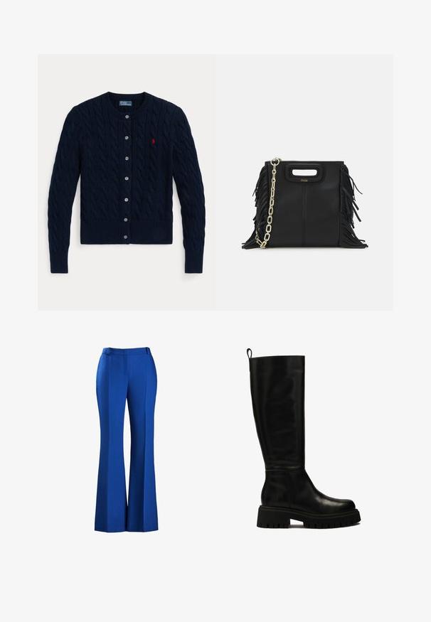 Granatowy sweter rozpinany z dzianiny z wzorem warkocza, ściągaczowymi mankietami i dolnym krawędziem, sześcioma guzikami oraz małym czerwonym logo na lewej piersi.; Biała koszula zapinana na guziki z długimi rękawami, z wyraźnym kołnierzykiem i zaokrąglonym dołem. Wykonana z gładkiego, jednolitego materiału bez widocznych wzorów ani akcentów.; Dzwony niebieskie spodnie wykonane z teksturowanej tkaniny, z dopasowanym stanem i detalem wzdłuż przodu, odpowiednie do noszenia zarówno na formalne, jak i codzienne okazje.; Czarne skórzane botki do kolan o smukłym designie, okrągłym nosku i masywnej gumowej podeszwie z głębokimi rowkami oraz uchwytem na górze.; Czarna skórzana torebka na ramię z frędzlami, złotym łańcuszkiem oraz wyciętym uchwytem. Posiada umieszczone na przodzie logo.