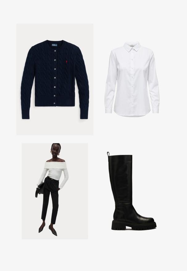Marineblauwe gebreide cardigan met een kabelpatroon, geribbelde manchetten en zoom, zes knopen en een klein rood logo op de linkerborst.; Witte overhemd met lange mouwen, gestructureerde kraag en afgeronde zoom. Gemaakt van een gladde, effen stof zonder zichtbare patronen of accenten.; Witte off-the-shoulder top van gestructureerde stof, in combinatie met zwarte high-waisted broek en zwarte puntige flats, met een zwarte tas.; Zwarte leren laarzen tot de knie met een strak ontwerp, ronde neus en stevige rubberen zool met diepe groeven en een trekband aan de bovenkant.