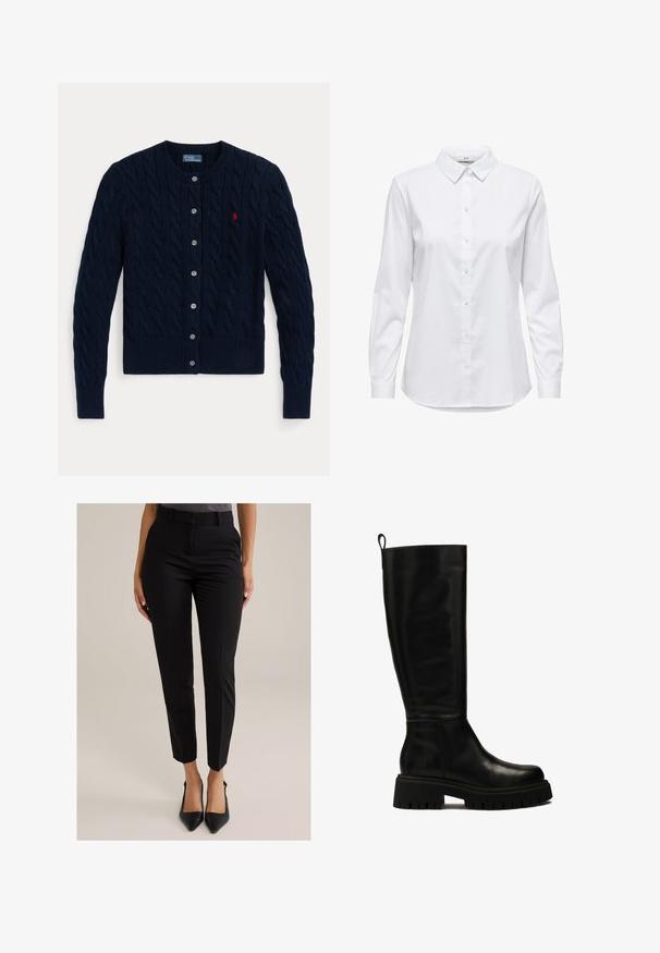 Mornarski plavi pleteni kardigan s kabelskim uzorkom, rebrastim manžetama i rubom, šest gumba i malim crvenim logotipom na lijevoj strani prsa.; Bijela košulja s dugim rukavima, strukturiranim ovratnikom i zaobljenim rubom. Napravljena od glatkog, čvrstog materijala bez vidljivih uzoraka ili akcenta.; Žena u tijesnim crnim hlačama do gležnjeva i crnim špicastim potpeticama, stoji na svijetloj pozadini.; Crne kožne čizme do koljena s elegantnim dizajnom, zaobljenim vrhom i masivnom gumenom potplatom s dubokim utorima te s trakicom za povlačenje na vrhu.