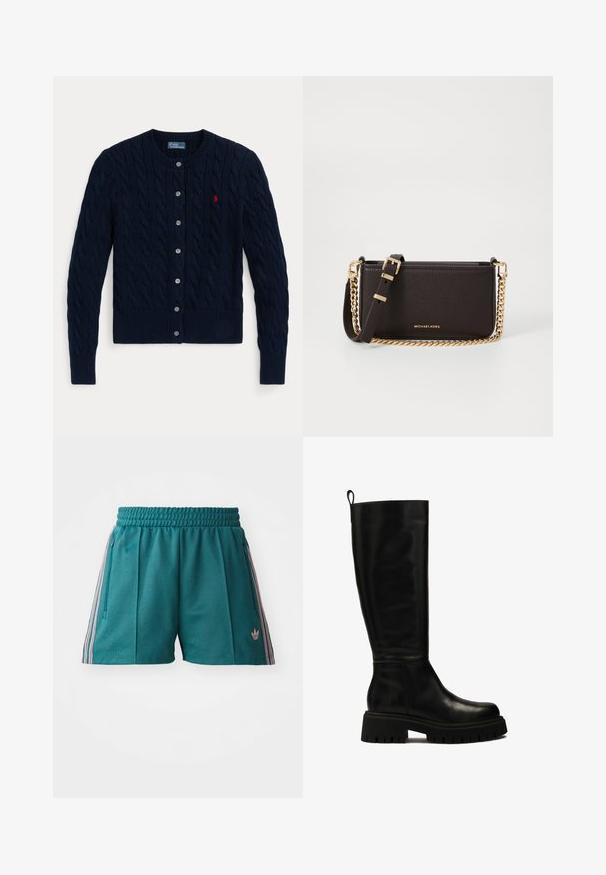 Laivastonsininen neulottu neuletakki, jossa on palmikkokuvio, resorit hihansuissa ja helmassa, kuusi nappia ja pieni punainen logo vasemmassa rinnassa.; Valkoinen nappikauluspaidat, joissa on pitkät hihat, rakenteellinen kaulus ja pyöristetty helma. Valmistettu sileästä, yksivärisestä kankaasta, jossa ei ole näkyviä kuvioita tai koristeita.; Turkoosi urheilushortsit, joissa on elastinen vyötärö, vaaleanpunaiset ja valkoiset raidalliset sivuakkentit ja vetoketjulliset sivutaskut. Logo helman kohdalla.; Musta nahkasaapas, joka ulottuu polveen, tyylikkäällä muotoilulla, pyöreällä varvalla ja paksulla kumipohjalla, jossa on syviä uria ja ylhäällä vetoketjun vetonauha.; MICHAEL Michael Kors BRYANT SM XBODY POUCHETTE - Olkalaukku - chocolate