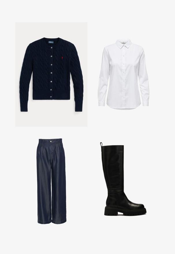 Tmavě modrý pletený svetr na zapínání s copánkovým vzorem, žebrovanými manžetami a lemem, šesti knoflíky a malým červeným logem na levé straně hrudi.; Bílé košile s knoflíky, dlouhými rukávy, strukturovaným límcem a zaobleným lemem. Vyrobeno z hladké, jednolité tkaniny bez viditelných vzorů nebo akcentů.; Dámské kalhoty širokého střihu v námořnické modři, s vysokým pasem, předními záhyby a zlatými stehy, hladkým povrchem a zapínáním na knoflík.; Černé kožené vysoké boty až ke kolenům s elegantním designem, zaoblenou špičkou a robustní gumovou podrážkou s hlubokými syzami a poutkem na horní části.