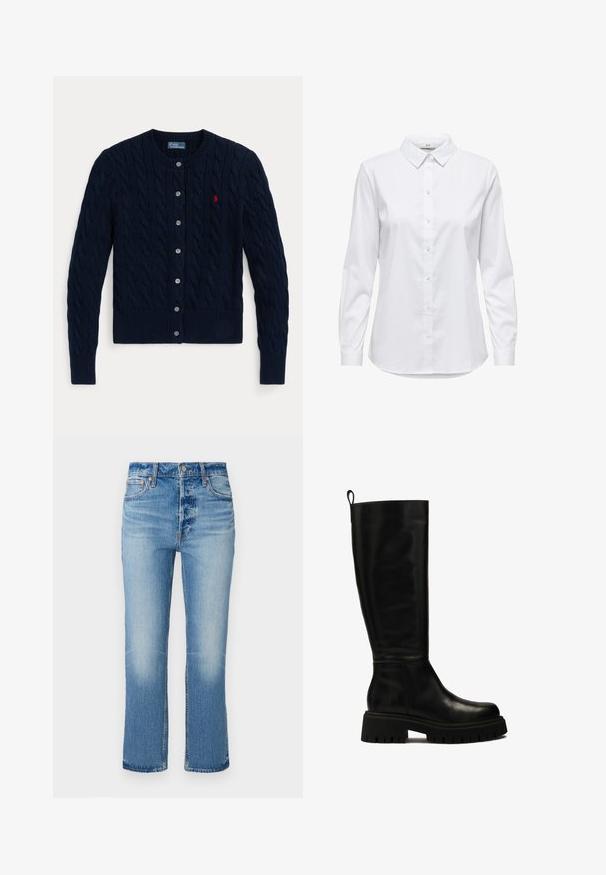 Mornarski plavi pleteni kardigan s kabelskim uzorkom, rebrastim manžetama i rubom, šest gumba i malim crvenim logotipom na lijevoj strani prsa.; Bijela košulja s dugim rukavima, strukturiranim ovratnikom i zaobljenim rubom. Napravljena od glatkog, čvrstog materijala bez vidljivih uzoraka ili akcenta.; Svijetloplavi traperice s ravnim nogavicama, koje imaju izblijedjelosti kod bedara, zatvaranje na gumb i standardni stil s pet džepova.; Crne kožne čizme do koljena s elegantnim dizajnom, zaobljenim vrhom i masivnom gumenom potplatom s dubokim utorima te s trakicom za povlačenje na vrhu.