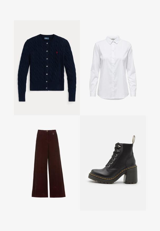 Cardigan tricotat bleumarin, cu model împletit, manșete și tiv striate, șase nasturi și un mic logo roșu pe pieptul stâng.; Cămașă albă, cu guler structurat și mâneci lungi, cu hem rotunjit. Fabricată dintr-un material solid, neted, fără modele sau accente vizibile.; Pantaloni burgundy din corduroy cu picior larg, cu închidere prin buton și fermoar, având un mic pandantiv rotund aurit pe talie.; Botine din piele neagră, cu toc înalt masiv, sistem de prindere cu șiret, ocheți din metal și cusături galbene de-a lungul tălpii. Talpă din cauciuc texturat.