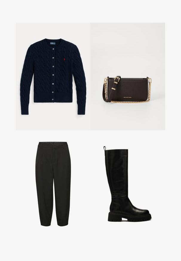 Granatowy sweter rozpinany z dzianiny z wzorem warkocza, ściągaczowymi mankietami i dolnym krawędziem, sześcioma guzikami oraz małym czerwonym logo na lewej piersi.; Biała koszula zapinana na guziki z długimi rękawami, z wyraźnym kołnierzykiem i zaokrąglonym dołem. Wykonana z gładkiego, jednolitego materiału bez widocznych wzorów ani akcentów.; Czarne spodnie o dopasowanym kroju z wysokim stanem, detalami w postaci plis, zwężanymi nogawkami, wykonane z gładkiego, lekkiego materiału.; Czarne skórzane botki do kolan o smukłym designie, okrągłym nosku i masywnej gumowej podeszwie z głębokimi rowkami oraz uchwytem na górze.; MICHAEL Michael Kors BRYANT brązowy
