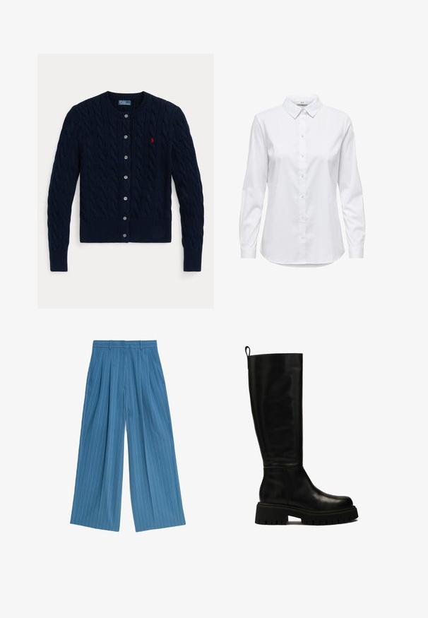 Cárdigan de punto azul marino con un patrón de cables, puños y dobladillo acanalados, seis botones y un pequeño logo rojo en el pecho izquierdo.; Camisa blanca de botones con mangas largas, cuello estructurado y dobladillo redondeado. Hecha de una tela lisa y sólida sin patrones ni acentos visibles.; Pantalones de pierna ancha azules con rayas blancas verticales, con pliegues frontales y bolsillos laterales, fabricados en un tejido suave.; Botas de cuero negras hasta la rodilla con un diseño elegante, punta redondeada y suela de goma gruesa con profundas ranuras y una lengüeta en la parte superior.