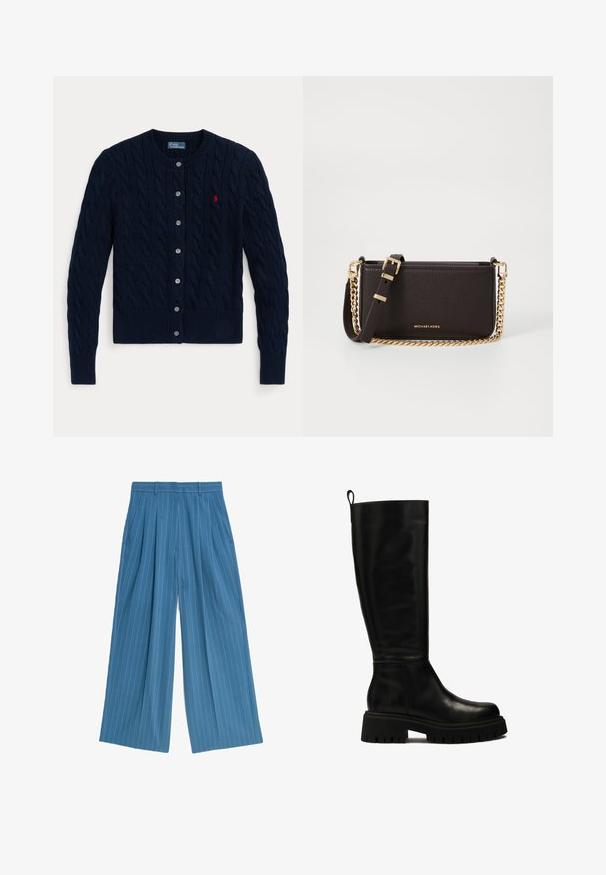 Cárdigan de punto azul marino con un patrón de cables, puños y dobladillo acanalados, seis botones y un pequeño logo rojo en el pecho izquierdo.; Camisa blanca de botones con mangas largas, cuello estructurado y dobladillo redondeado. Hecha de una tela lisa y sólida sin patrones ni acentos visibles.; Pantalones de pierna ancha azules con rayas blancas verticales, con pliegues frontales y bolsillos laterales, fabricados en un tejido suave.; Botas de cuero negras hasta la rodilla con un diseño elegante, punta redondeada y suela de goma gruesa con profundas ranuras y una lengüeta en la parte superior.; MICHAEL Michael Kors BRYANT SM XBODY POUCHETTE - Bandolera - chocolate