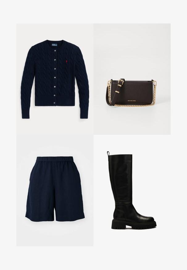 Cardigan tricotat bleumarin, cu model împletit, manșete și tiv striate, șase nasturi și un mic logo roșu pe pieptul stâng.; Cămașă albă, cu guler structurat și mâneci lungi, cu hem rotunjit. Fabricată dintr-un material solid, neted, fără modele sau accente vizibile.; Pantaloni scurți bleumarin cu betelie elastică, confecționați dintr-un material ușor. Prezintă o croială lejeră și buzunare laterale pentru funcționalitate.; Bocanci negri din piele, până la genunchi, cu un design elegant, vârf rotund și talpă din cauciuc masiv, cu șanțuri adânci și un tab de prindere în partea superioară.; MICHAEL Michael Kors BRYANT SM XBODY POUCHETTE - Geantă crossbody - chocolate