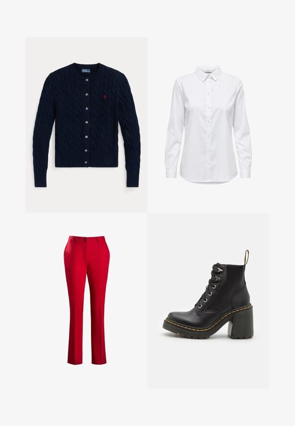 Tmavě modrý pletený svetr na zapínání s copánkovým vzorem, žebrovanými manžetami a lemem, šesti knoflíky a malým červeným logem na levé straně hrudi.; Bílé košile s knoflíky, dlouhými rukávy, strukturovaným límcem a zaobleným lemem. Vyrobeno z hladké, jednolité tkaniny bez viditelných vzorů nebo akcentů.; Červené úzké kalhoty se rovnými nohavicemi. Mají přední zip, zapínání na knoflík a hladkou texturu látky. Bez viditelných vzorů nebo akcentů.; Černé kožené kotníkové boty s robustním vysokým podpatkem, šněrováním vpředu, kovovými očky a žlutým prošíváním podél podrážky. Texturovaná gumová podrážka.