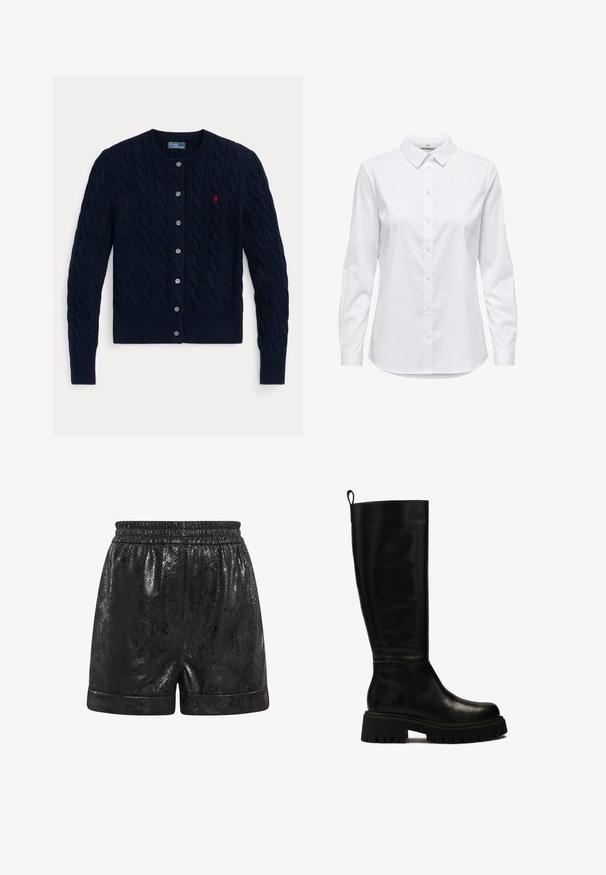 Cardigan en maille bleu marine avec un motif en torsades, des poignets et un ourlet côtelés, six boutons et un petit logo rouge sur le côté gauche de la poitrine.; Chemise blanche à manches longues, dotée d'un col structuré et d'un ourlet arrondi. Fabriquée à partir d'un tissu lisse et uni, sans motifs ni accents visibles.; Shorts noirs en matériau brillant et texturé avec un motif en peau de serpent. Taille élastique et ourlets côtelés. Convient pour un usage décontracté.; Bottes en cuir noires montantes jusqu'au genou, avec un design épuré, un bout arrondi et une semelle en caoutchouc épaisse dotée de rainures profondes et d'une languette en haut.