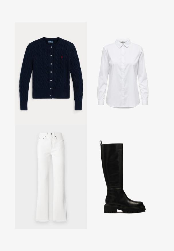 Marineblauer Strickcardigan mit Zopfmuster, gerippten Bündchen und Saum, sechs Knöpfen und einem kleinen roten Logo auf der linken Brust.; Weißes Hemd mit langen Ärmeln, strukturiertem Kragen und abgerundetem Saum. Hergestellt aus einem glatten, einfarbigen Stoff ohne sichtbare Muster oder Akzente.; Weiße, ausgestellte Jeans aus Baumwoll-Denim mit hoher Taille, vorderseitigen Taschen und einem Knopfverschluss mit Reißverschluss. Glatte, strukturierte Oberfläche.; Schwarze kniehohe Lederstiefel mit sleekem Design, runder Zehenform und robuster Gummisohle mit tiefen Rillen sowie einer Anhieblasche an der Oberseite.