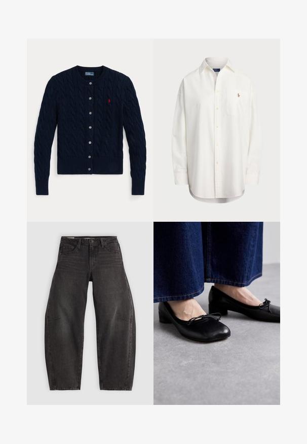Tengerészkék kötött kardigán, amely kötött mintával, bordázott mandzsettákkal és szegéllyel, hat gombbal és egy kis piros logóval rendelkezik a bal mellrészen.; Fehér gombos ing, pamutból készült, mellzsebbel és kis hímzett logóval. Laza fazonú, klasszikus nyakkal és hosszú ujjakkal.; Fekete farmernadrág ellazult szabással, amely öt zsebbel, gombos záródással és finom kopással rendelkezik. Az anyag sima, tartós textúrájú.; Fekete bőrcipők négyzet alakú orral és kis sarkával, az elején díszes masnival. Sötét farmernadrággal viselve.