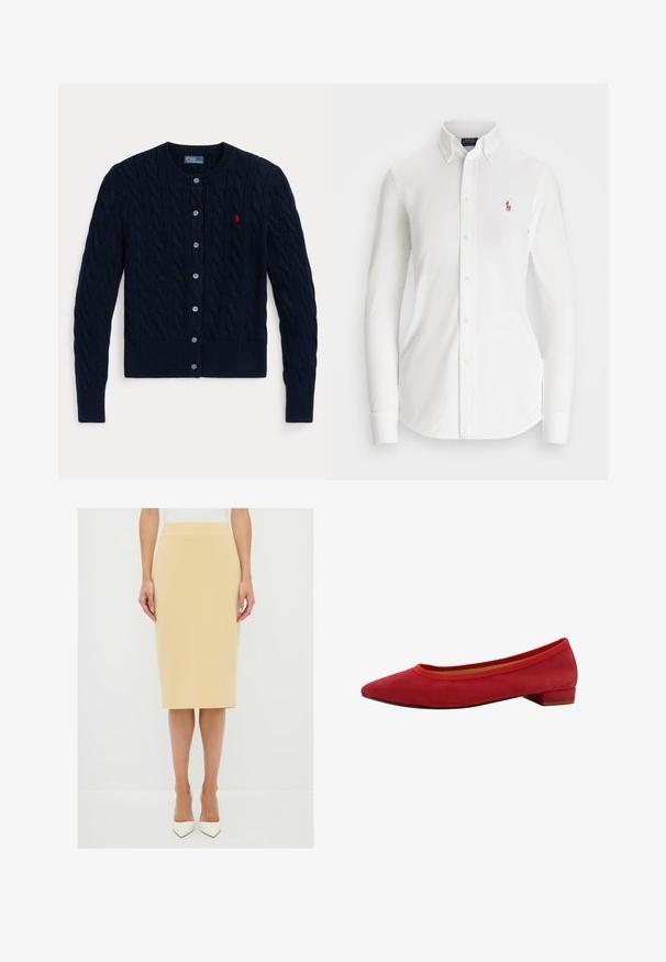 Marineblauwe gebreide cardigan met een kabelpatroon, geribbelde manchetten en zoom, zes knopen en een klein rood logo op de linkerborst.; Witte overhemd met lange mouwen en een puntkraag, gemaakt van katoen. Voorzien van een klein geborduurd logo op de linkerborst.; adL WITH BACK ZIPPER - Kokerrok - yellow; Rode suède ballerina met een puntige neus, lage blokhak en elastische rand rond de opening. Soepele textuur met een strak design.