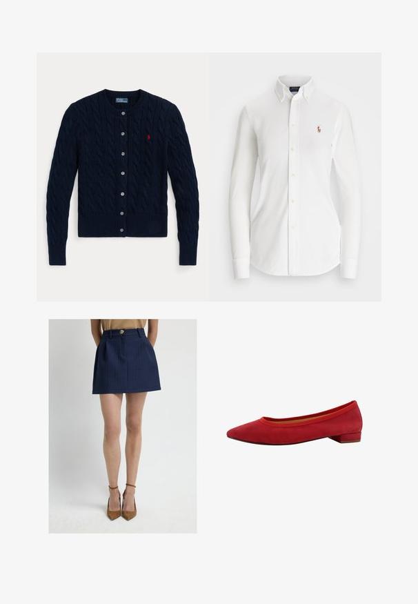Marineblauwe gebreide cardigan met een kabelpatroon, geribbelde manchetten en zoom, zes knopen en een klein rood logo op de linkerborst.; Witte overhemd met lange mouwen en een puntkraag, gemaakt van katoen. Voorzien van een klein geborduurd logo op de linkerborst.; Navyblauwe minirok met een textuurpatroon van een raster, voorzien van een knoop aan de voorkant, plooien en een niet-elastische tailleband.; Rode suède ballerina met een puntige neus, lage blokhak en elastische rand rond de opening. Soepele textuur met een strak design.