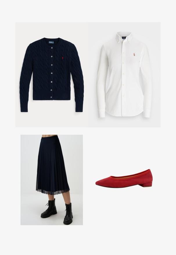Marineblauer Strickcardigan mit Zopfmuster, gerippten Bündchen und Saum, sechs Knöpfen und einem kleinen roten Logo auf der linken Brust.; Weißes Langarm-Hemd mit Knöpfen und spitzem Kragen aus Baumwolle. Verfügt über ein kleines gesticktes Logo auf der linken Brust.; Marineblauer Faltenrock aus leichtem Stoff, mit mittellanger Länge bis zur Wadenmitte und einem enganliegenden Taillenbund, kombiniert mit schwarzen Kampfstiefeln.; Rote Wildleder Ballerinas mit spitzem Zeh, niedrigem Blockabsatz und elastischem Besatz am Schaft für eine enge Passform.