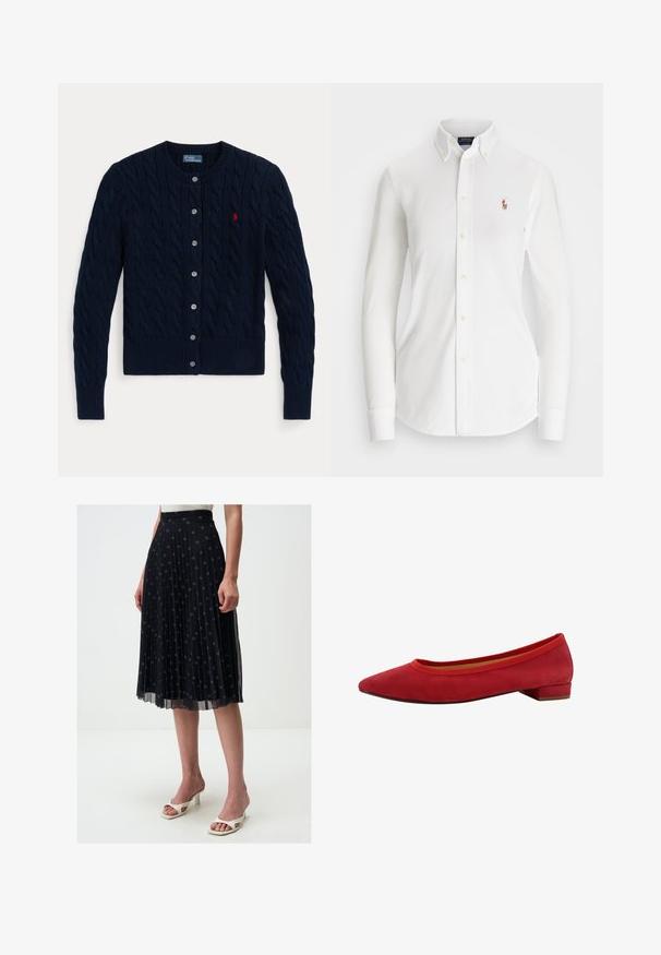 Cardigan en maille bleu marine avec un motif en torsades, des poignets et un ourlet côtelés, six boutons et un petit logo rouge sur le côté gauche de la poitrine.; Chemise blanche à manches longues avec col pointu, en coton. Présente un petit logo brodé sur la poitrine gauche.; Jupe midi plissée noire avec motif étoile brodé, taille élastique et voilage transparent, associée à des sandales à talons ouverts blanches.; Ballerine en daim rouge avec un bout pointu, un petit talon bloc et un bord élastique autour de l'ouverture. Texture lisse avec un design élégant.