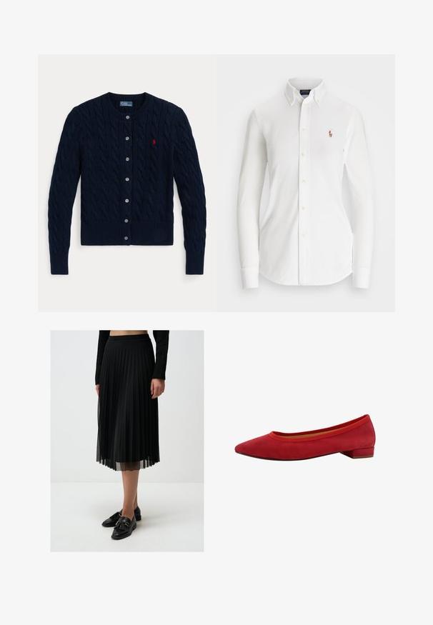 Cardigan en maille bleu marine avec un motif en torsades, des poignets et un ourlet côtelés, six boutons et un petit logo rouge sur le côté gauche de la poitrine.; Chemise blanche à manches longues avec col pointu, en coton. Présente un petit logo brodé sur la poitrine gauche.; Jupe plissée noire en tissu léger, dotée d'une superposition transparente, avec une taille ajustée et une silhouette fluide.; Ballerines en suede rouge avec un bout pointu, un petit talon carré, et un bord élastiqué autour de l'ouverture pour un ajustement confortable.