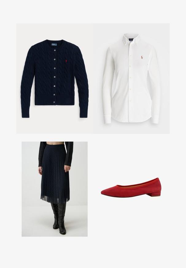 Marineblauer Strickcardigan mit Zopfmuster, gerippten Bündchen und Saum, sechs Knöpfen und einem kleinen roten Logo auf der linken Brust.; Weißes Langarm-Hemd mit Knöpfen und spitzem Kragen aus Baumwolle. Verfügt über ein kleines gesticktes Logo auf der linken Brust.; Faltenrock in Navy aus leichtem Material mit einem Diamantmuster. Mit einem elastischen Bund und einem fließenden, geschichteten Design.; Rote Wildleder Ballerinas mit spitzem Zeh, niedrigem Blockabsatz und elastischem Besatz am Schaft für eine enge Passform.