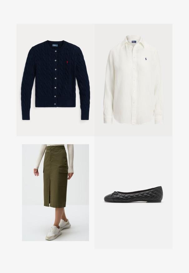 Granatowy sweter rozpinany z dzianiny z wzorem warkocza, ściągaczowymi mankietami i dolnym krawędziem, sześcioma guzikami oraz małym czerwonym logo na lewej piersi.; Biała lniana koszula z długimi rękawami, z kołnierzykiem zapinanym na guziki oraz guzikami z przodu. Posiada małe niebieskie wyszywane logo na piersi.; Midi spódnica w oliwkowym kolorze, wykonana z mieszanki bawełny, z dekoltem z przodu i dużymi bocznymi kieszeniami, zestawiona z białymi sneakersami.; Czarne baletki z pikowanej skóry. Posiadają okrągły czubek i mały akcent w postaci kokardy z przodu. Niska podeszwa dla wygody noszenia.