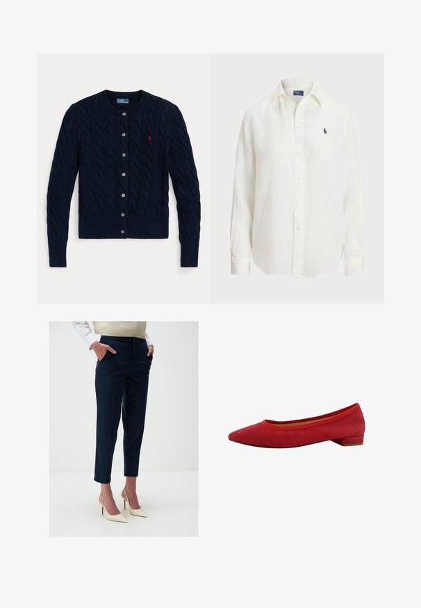 Cardigan lavorato a maglia blu navy con motivo a trecce, polsini e orlo a costine, sei bottoni e un piccolo logo rosso sul petto sinistro.; Camicia di lino bianca a maniche lunghe, con colletto button-down e bottoni frontali. Presenta un piccolo logo ricamato blu sul petto.; Pantaloni navy su misura in cotone, con vestibilità slim, tasche laterali e fasce cuffed, abbinati a scarpe con tacco alte color crema.; Ballerine in suede rosso con punta affusolata, tacco basso a blocco e bordo elastico intorno all'apertura per una vestibilità aderente.