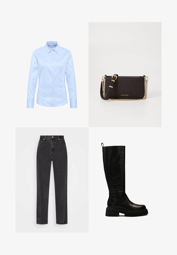 Marineblå strikket cardigan med kabelmønster, ribbede manchetter og kant, seks knapper og et lille rødt logo på venstre bryst.; Lys blå langærmet skjorte med struktureret krave, frontknapper og en glat, poleret bomuldsstruktur. Slim fit med manchetter.; Sorte denim jeans med lige ben, høj talje, foran knap og lynlås, samt fem-lomme stil på en hvid baggrund.; Sorte læderstøvler til knæene med et strømlinet design, rund tå og kraftig gummisål med dybe riller og et greb på toppen.; MICHAEL Michael Kors BRYANT SM XBODY POUCHETTE - Skuldertasker - chocolate