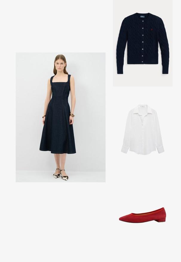 Marineblauer Strickcardigan mit Zopfmuster, gerippten Bündchen und Saum, sechs Knöpfen und einem kleinen roten Logo auf der linken Brust.; Weißes Langarmhemd mit klassischem Kragen, Knopfverschluss und einem glatten, leichten Stoff. Der Saum ist an den Seiten leicht abgerundet.; Dunkelblaues Denim-Kleid mit quadratischem Ausschnitt, figurbetontem Oberteil und ausgestellt Rock. Verfügt über kontrastierende Nähte und breite Schulterträger.; Rote Wildleder Ballerinas mit spitzem Zeh, niedrigem Blockabsatz und elastischem Besatz am Schaft für eine enge Passform.