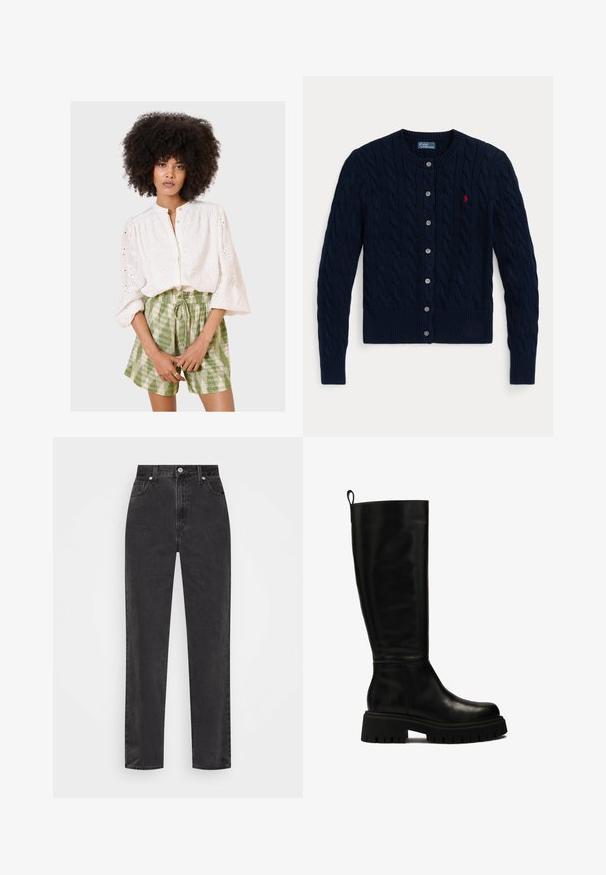 Navy blue knitted cardigan featuring a cable pattern, ribbed cuffs and hem, six buttons, and a small red logo on the left chest.; White embroidered blouse with a button-up front and puffed sleeves, paired with green plaid drawstring shorts. Soft fabric, detailed patterns.; Straight-leg black denim jeans with high waist, front button and zipper, and five-pocket styling on a white background.; Black knee-high leather boots with a sleek design, rounded toe, and chunky rubber sole featuring deep grooves and a pull tab at the top.