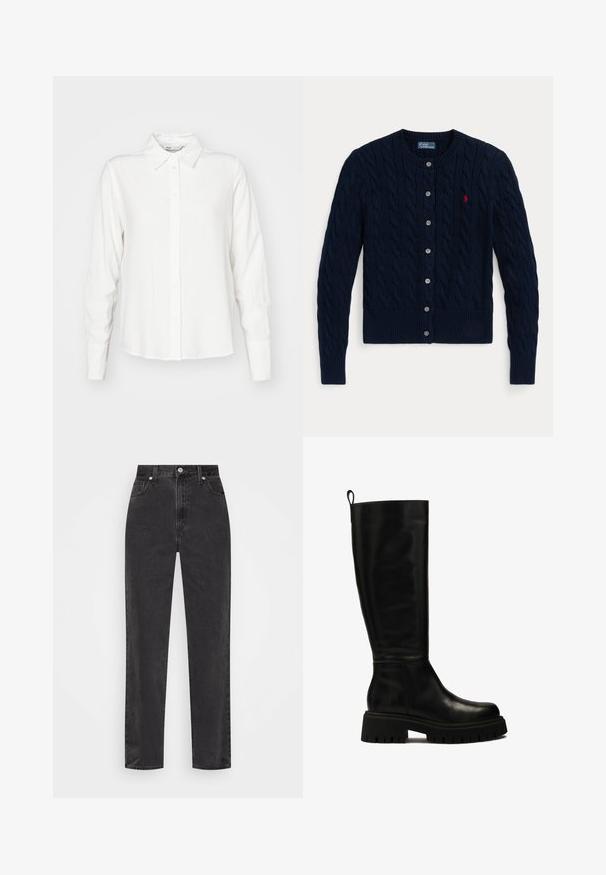 Tumši zils adīts kardigans ar pinuma rakstu, ribotām aprocēm un apakšmalu, sešām pogām un mazu sarkanu logotipu kreisajā krūtīs.; Balta, garām piedurknēm pogājama krekla ar apkakli, izgatavota no gludas auduma; ar taisnu griezumu un smalku tekstūru.; Melnas džinsus ar taisnu kāju un augsto jostu, ar priekšējo pogu un rāvējslēdzēju, kā arī piecu kabatu dizainu uz balta fona.; Melni ceļgalu augstie ādas zābaki ar elegantu dizainu, noapaļotu purngali, un masīvu gumijas zoli ar dziļām iedobēm un cilpu augšpusē.