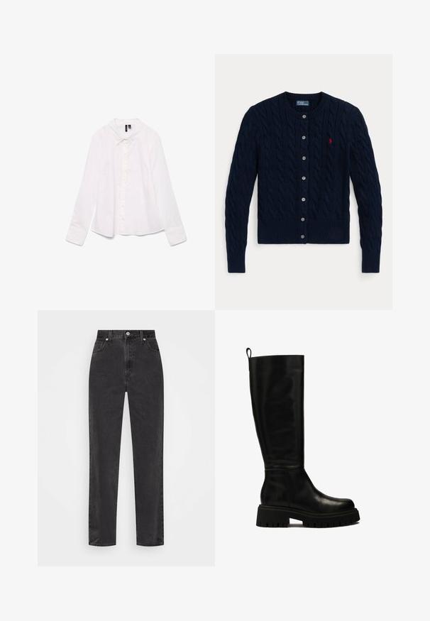Cardigan lavorato a maglia blu navy con motivo a trecce, polsini e orlo a costine, sei bottoni e un piccolo logo rosso sul petto sinistro.; Camicia bianca a maniche lunghe in cotone, con colletto classico, chiusura a bottoni sul davanti e una vestibilità leggermente rilassata. Tessuto liscio senza motivi.; Jeans in denim nero a gamba dritta con vita alta, bottone e cerniera frontali, e cinque tasche su uno sfondo bianco.; Stivali in pelle neri al ginocchio con un design elegante, punta rotonda e suola in gomma spessa con profonde scanalature e una linguetta nella parte superiore.