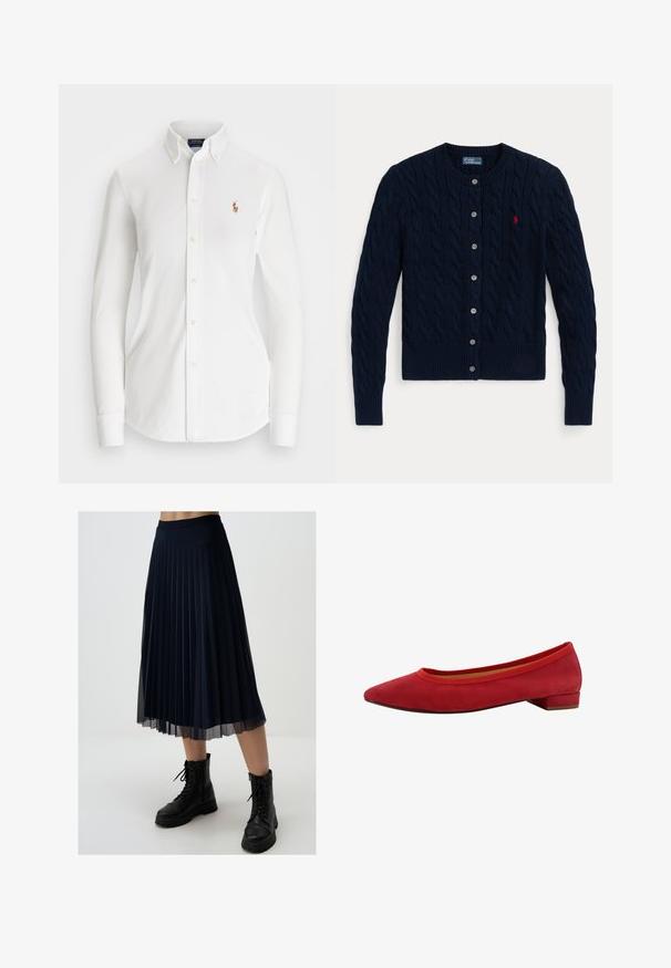 Marineblauer Strickcardigan mit Zopfmuster, gerippten Bündchen und Saum, sechs Knöpfen und einem kleinen roten Logo auf der linken Brust.; Weißes Langarm-Hemd mit Knöpfen und spitzem Kragen aus Baumwolle. Verfügt über ein kleines gesticktes Logo auf der linken Brust.; Marineblauer Faltenrock aus leichtem Stoff, mit mittellanger Länge bis zur Wadenmitte und einem enganliegenden Taillenbund, kombiniert mit schwarzen Kampfstiefeln.; Rote Wildleder Ballerinas mit spitzem Zeh, niedrigem Blockabsatz und elastischem Besatz am Schaft für eine enge Passform.