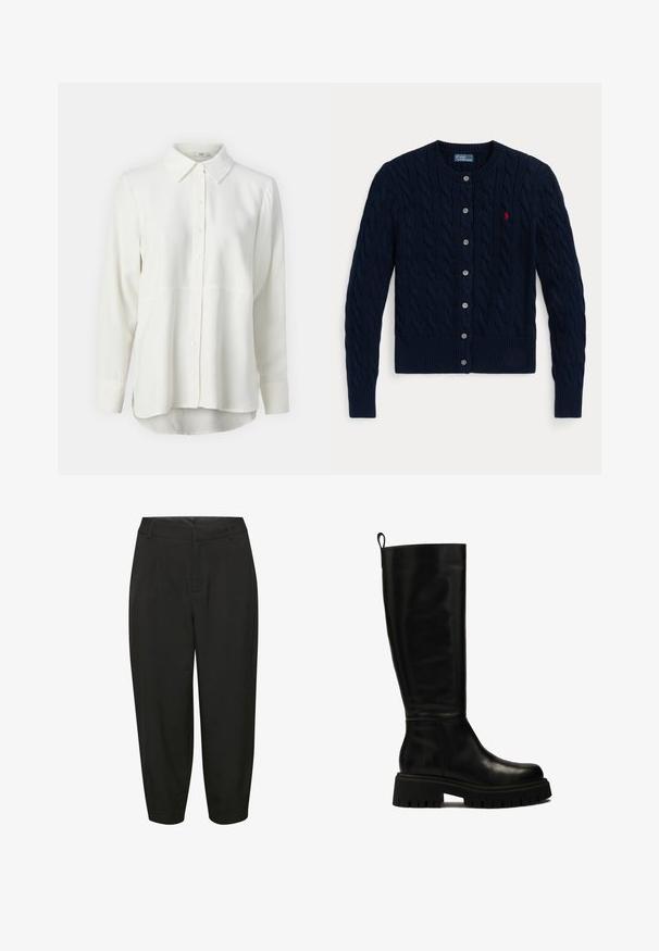 Navy blue knitted cardigan featuring a cable pattern, ribbed cuffs and hem, six buttons, and a small red logo on the left chest.; White long-sleeve shirt made of smooth fabric, featuring a classic collar, button front, and curved hem for a relaxed fit.; Black tailored trousers featuring a high waist, pleat detailing, and tapered legs, made from a smooth, lightweight fabric.; Black knee-high leather boots with a sleek design, rounded toe, and chunky rubber sole featuring deep grooves and a pull tab at the top.