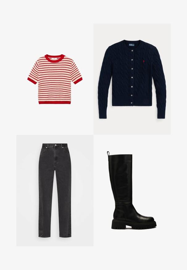 Mornarski plavi pleteni kardigan s kabelskim uzorkom, rebrastim manžetama i rubom, šest gumba i malim crvenim logotipom na lijevoj strani prsa.; Mango MIMOI - Majica kratkih rukava s printom - red; Bijela košulja s dugim rukavima, strukturiranim ovratnikom i zaobljenim rubom. Napravljena od glatkog, čvrstog materijala bez vidljivih uzoraka ili akcenta.; Crne traperice ravnih nogavica s visokim strukom, prednjim kopčanjem na dugme i patentni zatvarač, te stilom s pet džepova na bijeloj pozadini.; Crne kožne čizme do koljena s elegantnim dizajnom, zaobljenim vrhom i masivnom gumenom potplatom s dubokim utorima te s trakicom za povlačenje na vrhu.