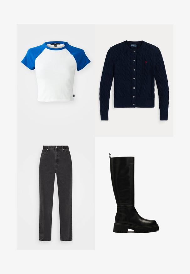 Cárdigan de punto azul marino con un patrón de cables, puños y dobladillo acanalados, seis botones y un pequeño logo rojo en el pecho izquierdo.; Camiseta corta de manga corta con cuerpo blanco y mangas raglán azules. Fabricada en algodón, presenta un escote de cuello redondo y dobladillo cosido.; Camisa blanca de botones con mangas largas, cuello estructurado y dobladillo redondeado. Hecha de una tela lisa y sólida sin patrones ni acentos visibles.; Vaqueros de mezclilla negra de pierna recta con cintura alta, botón y cremallera en el frente, y estilo de cinco bolsillos sobre un fondo blanco.; Botas de cuero negras hasta la rodilla con un diseño elegante, punta redondeada y suela de goma gruesa con profundas ranuras y una lengüeta en la parte superior.