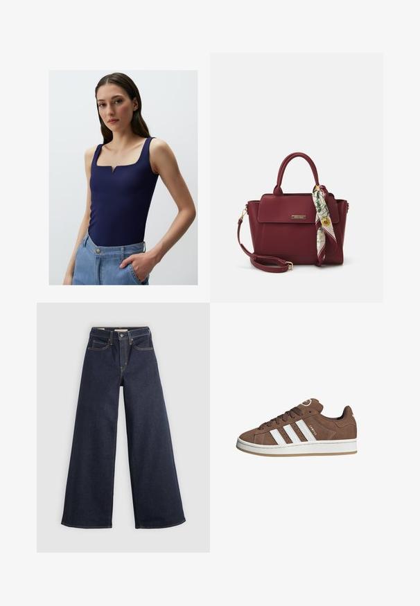 Marineblauwe gebreide cardigan met een kabelpatroon, geribbelde manchetten en zoom, zes knopen en een klein rood logo op de linkerborst.; Jimmy Key SLEEVELESS - Top - dark blue; Witte overhemd met lange mouwen, gestructureerde kraag en afgeronde zoom. Gemaakt van een gladde, effen stof zonder zichtbare patronen of accenten.; Wijde denim jeans in donkerblauw met contrasterende stiksels. Bevat een traditionele vijf-pocketontwerp en een knoopsluiting in de taille.; Bruine suède sneaker met witte leren strepen, rubberen zool, ronde neus en vetersluiting. Kenmerkt zich door een logo op de tong en geperforeerde accenten.; Bordeaux handtas van synthetisch materiaal met een gestructureerd ontwerp, voorzien van een afneembare schouderband en een met bloemenpatroon versierde sjaal die aan het handvat is geknoopt.
