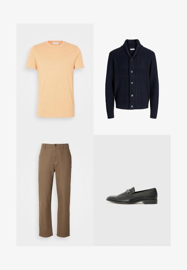 Jūros mėlynos spalvos mezgamas kardiganas su šaliu apykakle, kabelių mezgimo raštu, penkių mygtukų užsegimu ir išlenktais rankogaliais bei apvadu. Tekstūruotas paviršius visame gaminyje.; Šviesiai persikinė trumpų rankovių marškinėliai, pagaminti iš minkštos medžiagos. Turi apvalią iškirptę ir subtilų tekstą "Arrivederci" priekyje.; Rudos medvilnės kelnės su tiesiu siluetu, mygtukų uždarymu ir šoninėmis kišenėmis. Pasižymi lygiu paviršiumi ir paprastu, nepuošniu dizainu.; Juodos odinės loafer tipo bateliai su lygiu paviršiumi, turintys siuvinėtą dizainą ir dekoratyvų metalo grandinėlės akcentą ant batų viršaus. Plokščias kulnas.
