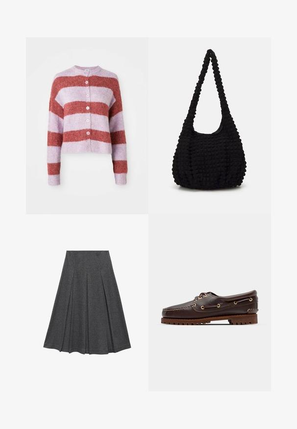 Knoflíkový sveter s širokými horizontálnymi pruhmi v jemne ružovej a tlmenej levandulovej farbe, s príjemnou, zamatovou textúrou a dlhými rukávmi.; Skrátená košeľa s gombíkmi s modro-bielymi vertikálnymi pruhmi a textúrovaným povrchom, špicatým golierom a manžetami na jeden gombík.; Šedá plisovaná sukňa s rozšíreným tvarom, vyrobená z jemnej látky. Obsahuje vertikálne plisovanie a hladký pás pre upevnený vzhľad.; Hnedé kožené loďkové topánky so zlatými očkami, okrúhlymi šnúrkami a štruktúrovanou hnedou gumovou podrážkou. Obsahuje prešívané detaily a vyvýšené logo.; Čierna textúrovaná taška z látky s jedným skrúteným popruhom, ktorá má nadýchaný tvar a nariasený povrch.
