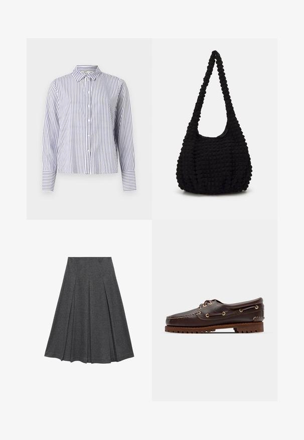 Zapínací kardigan s širokými horizontálními pruhy v jemné růžové a tlumené levandulové barvě, s měkkou, huňatou texturou a dlouhými rukávy.; Pruhovaná košile s límečkem, která má úzké modré a bílé svislé pruhy, dlouhé rukávy s detaily na manžetách a zkrácený střih.; Šedá plisovaná sukně s rozšířeným tvarem, vyrobená z měkké látky. Disponuje vertikálními plisováními a hladkým pasem pro přiléhavý vzhled.; Hnědé kožené lodní boty se zlatými očky, kulatými tkaničkami a texturovanou hnědou gumovou podrážkou. Obsahují zašitý detail a vyvýšené logo.; Černá texturovaná látková taška s jedním stočeným popruhem, s nadýchaným tvarem a nařaseným povrchem.
