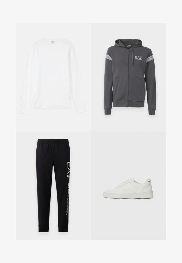 Hanorac gri cu fermoar, fabricat dintr-un material moale. Are un logo frontal, accente cu dungi pe mâneci și buzunare în stil kangaroo.; Tricou alb cu mânecă lungă și decolteu în V, realizat dintr-un material moale, cu o croială lejeră și slituri laterale pentru un confort sporit în mișcare.; Pantaloni de trening negri dintr-un amestec de bumbac, având o talie elastică, picioare îngustate, manșete ribbate și imprimeu alb cu logo pe lateral.; Sneakers din piele albă cu un finisaj neted, vârf rotund, șireturi plate și o talpă texturată. Prezintă un logo subtil pe călcâi.